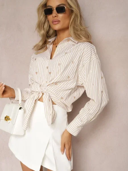 Jasnobeżowa Koszula z Bawełny w z Wyhaftowanymi Serduszkami Aleriesa beżowa