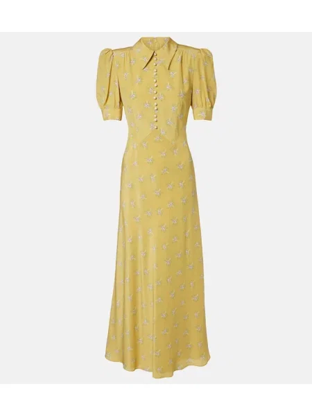 Rochie midi Alessandra Rich de mătase cu model floral până la genunchi galben