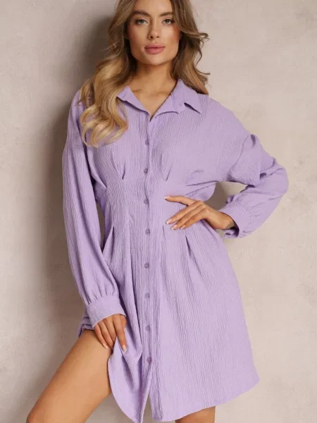 Koszulowa Sukienka Mini z Taliowanymi Zakładkami Vilette fioletowa