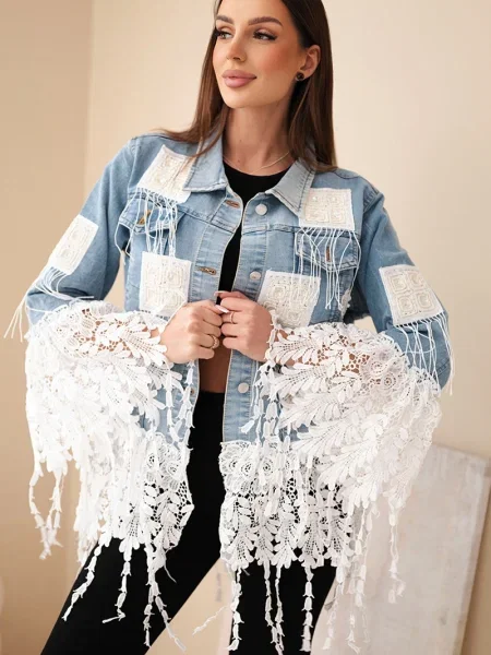 Kurtka jeansowa Kesi Włoski z frędzli koronkowa czarna