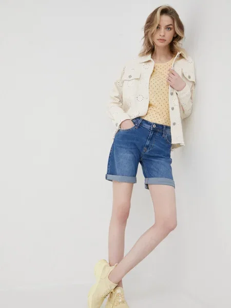 Дънкови къси панталони Pepe Jeans Poppy с изчистен дизайн със стандартна талия тъмносиньо