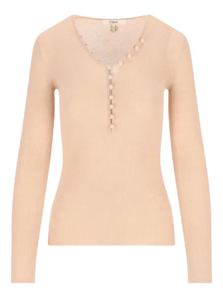 Tricou Chloé cu guler henley roz