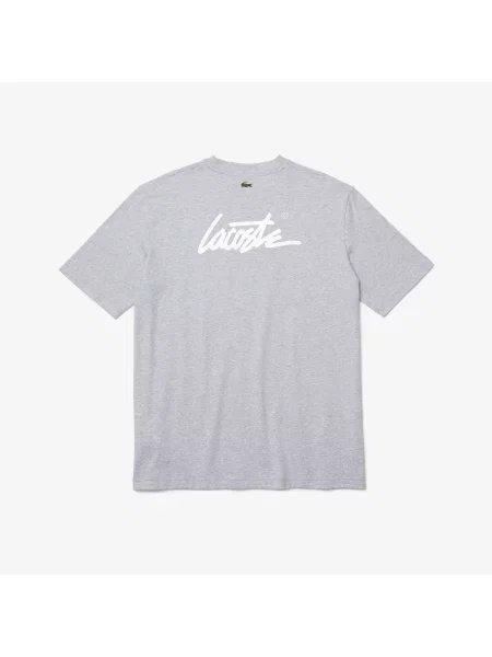 Lacoste L!Ve T-Shirt Unisex Z Nadrukiem I Okrągłym Dekoltem Relaxed Fit szary