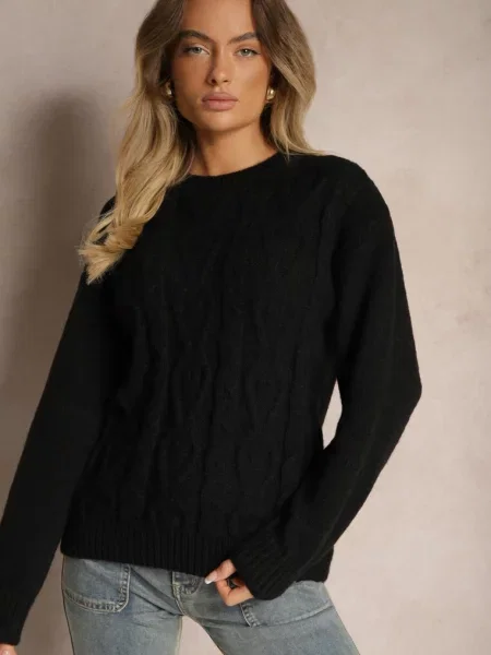 Sweter z Wełną Ozdobnym Splotem i Ściągaczem Nariae czarny