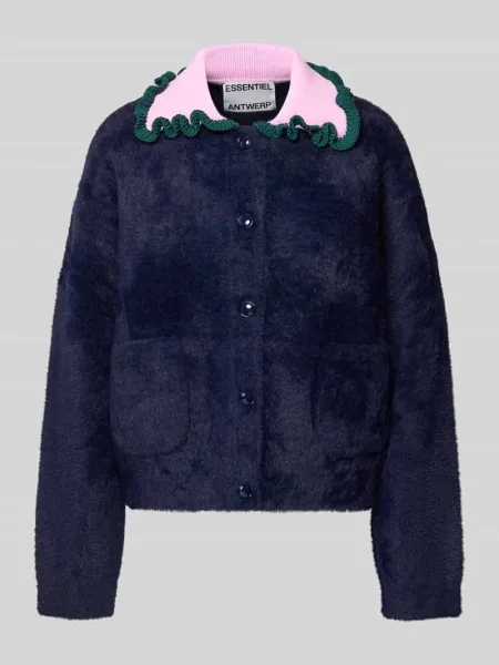 Kardigan rozpinany o kroju regular fit z kołnierzem z dzianinowych falban Model JARDENER' Essentiel Antwerp granatowy