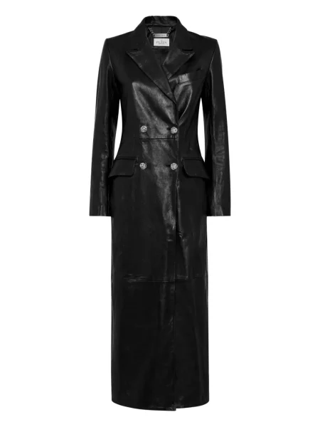 Palton Philipp Plein din piele cu două rânduri de nasturi negru
