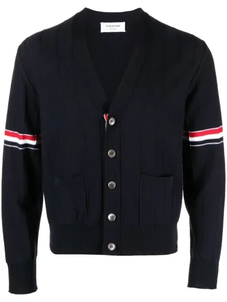 Cardigan Thom Browne cu dungi cu decolteu în V albastru