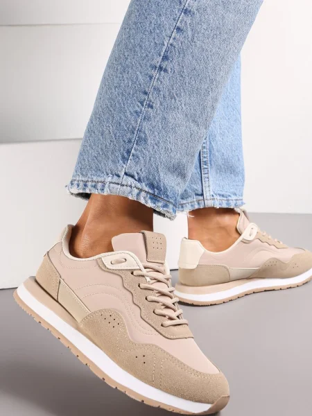 Ciemnobeżowe Sneakersy Zdobione Wstawkami z Imitacji Skóry Fayela beżowe