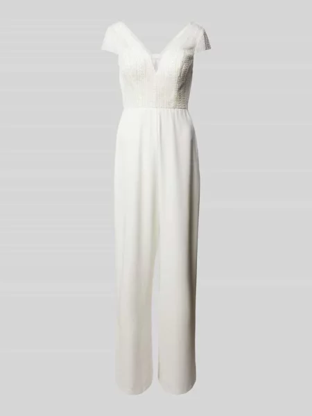 Kombinezon z obszyciem z ozdobnych kamieni i perełek Hey Kyla biały