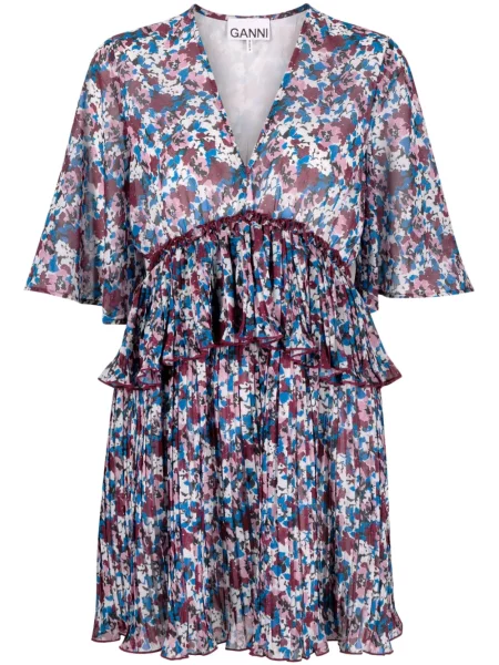 Rochie Ganni cu model floral cu imagine plisată albastru