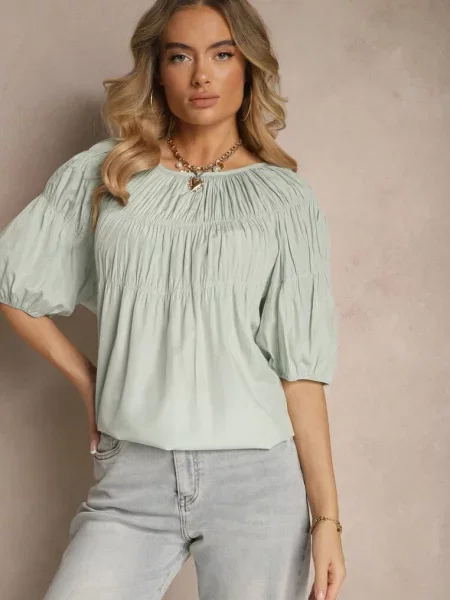 Miętowa Bluzka z Wiskozą o Fasonie Oversize z Gumkami w Ramionach Alirona niebieska