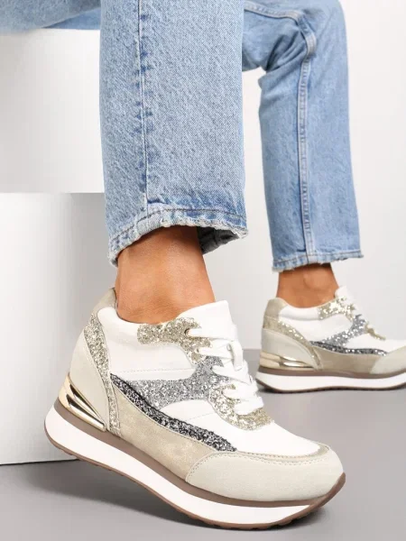 Szaro-Złote Brokatowe Sneakersy na Ukrytym Koturnie Zophiela szare