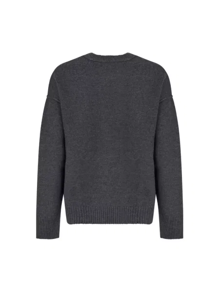 Sweter Ami Paris wełniany z dekoltem w kształcie litery U z logo szary