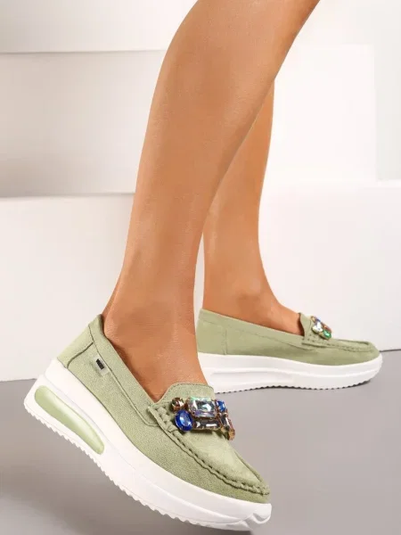 Mocasini pe Platformă Joasă cu Vârf Împodobit și Cristale Keelana verzi