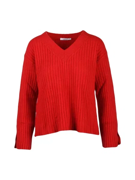Sweter Kangra wełniany z dekoltem w serek czerwony