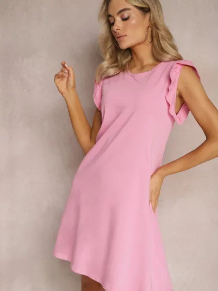 Rochie deschis trapez din cu volane la umeri Aleradia roz