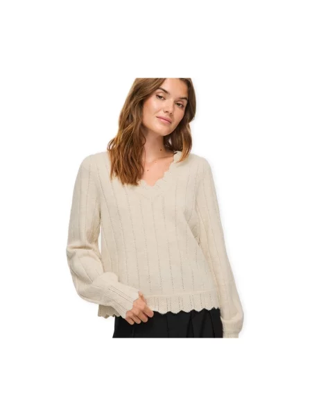 Pletený sveter Vila s výstrihom do v so slieňovým vzorom béžová