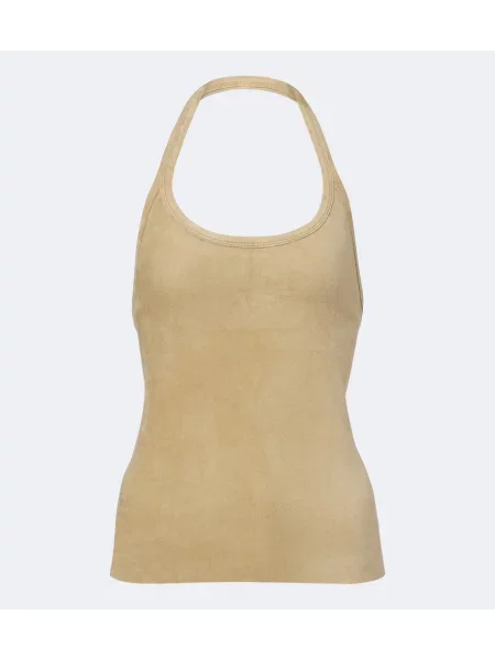 Top Stouls din piele de căprioară cu gât halter bej
