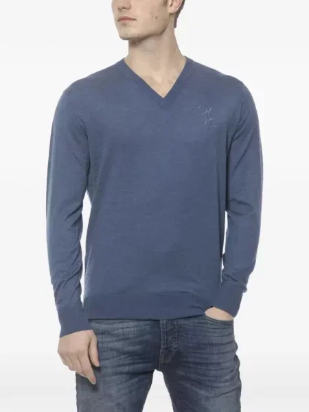Pulover Billionaire cu broderie cu decolteu în V albastru
