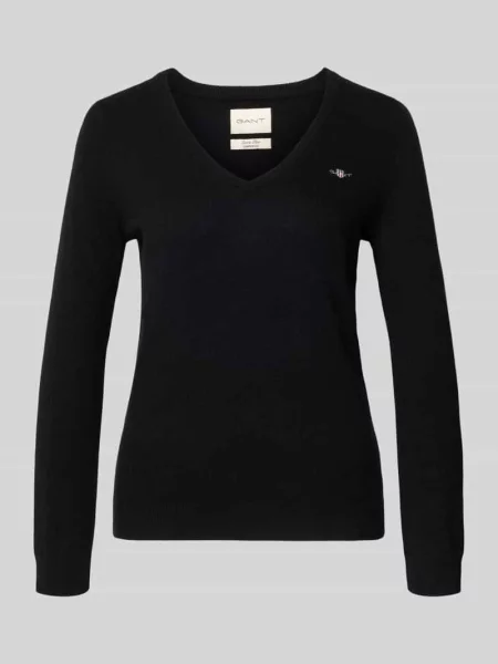 Sweter z dzianiny z mieszanki wełny jagnięcej z dekoltem w serek Gant czarny