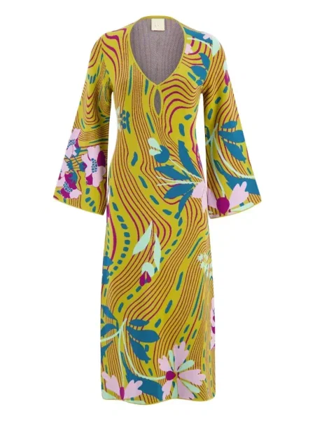 Rochie Paula cu model floral din jacard de costum galben