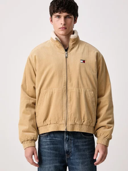 Tommy Jeans κοντό μπουφάν ανδρικό κοτλέ μπεζ