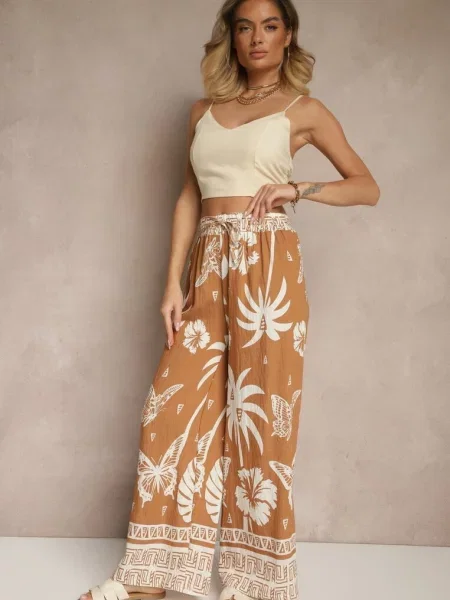 Szerokie Spodnie z Gumką w Pasie w Stylu Boho Evirami brązowe