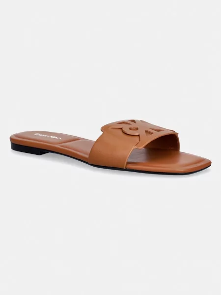 Calvin Klein klapki skórzane SQUARE FLAT SANDAL EMBLEM brązowe
