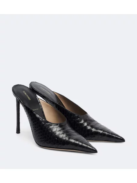 Papuci tip mules Tom Ford din piele cu model piele de șarpe negru
