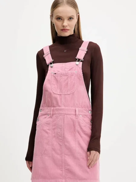 Obleka iz rebrastega žameta Tommy Jeans roza