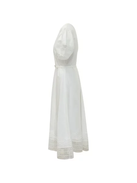 Cu centură rochie midi Boss din dantelă alb