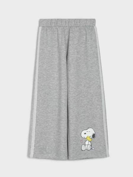 Sinsay Kalhoty wide leg s příměsí viskózy a krajkou po stranách Snoopy šedá