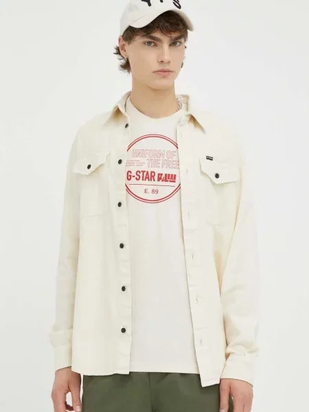 Риза G-Star Raw мъжка с кройка по тялото с класическа яка бежово