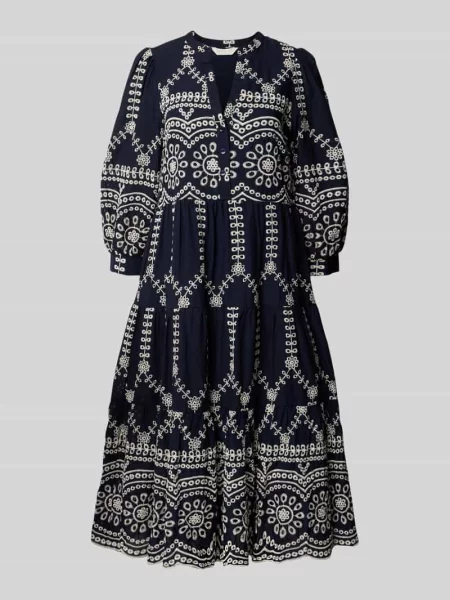 Sukienka tunikowa z dołem obszytym falbaną i haftem angielskim Apricot granatowa