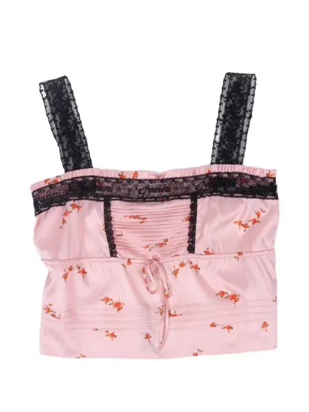 Top Ganni cu model floral cu imagine din dantelă roz