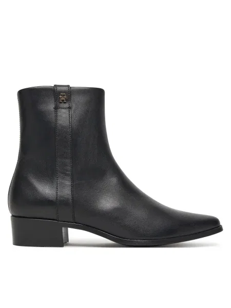 Кожени боти Tommy Hilfiger TH LEATHER POINTY ZIP BOOTIE с дебел черно
