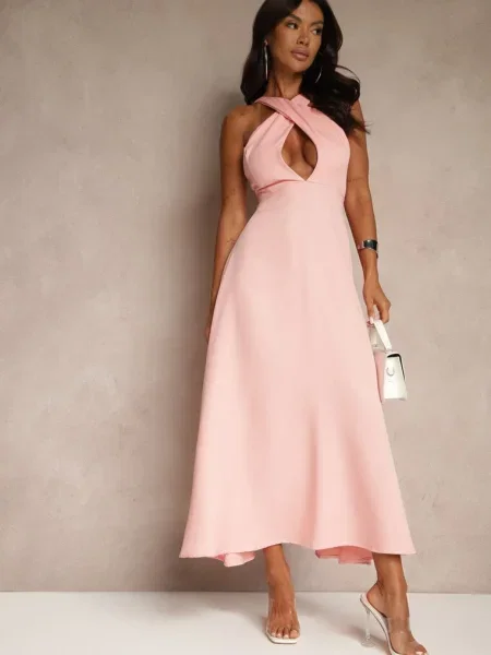 Koktajlowa Sukienka z Wiskozą i Dekoltem Halter Dolmanna różowa