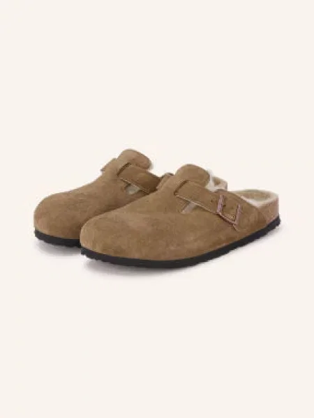 Birkenstock Boston Shearling Suede Leather klapki mules zamszowe brązowe