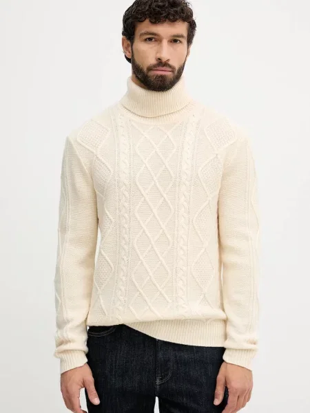 Vlněný svetr Tommy Hilfiger pánský s golfem béžová