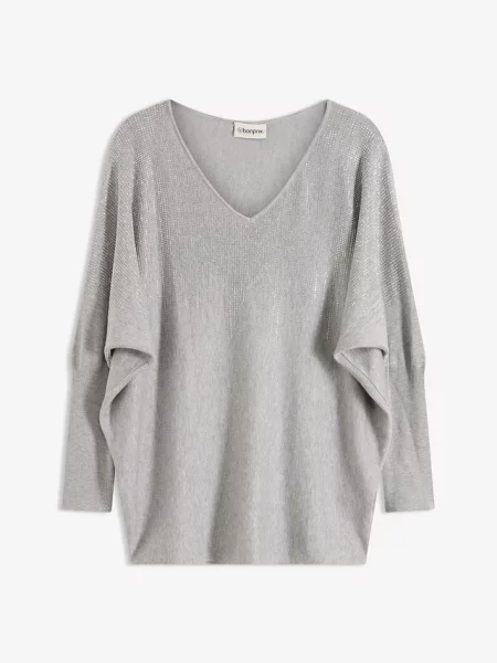 Sweter z cienkiej dzianiny z rękawami typu nietoperz i kryształkami szary