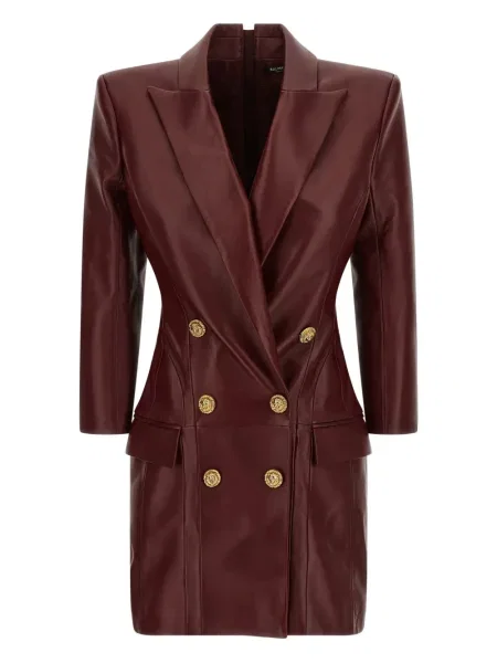 Sukienka mini Balmain skórzana dwurzędowa garniturowa czerwona