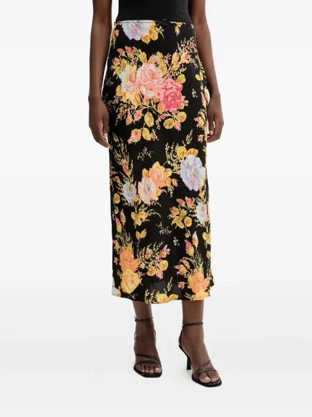 Fustă midi Never Fully Dressed cu funde cu model floral până la genunchi negru