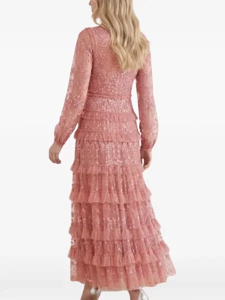 Rochie maxi Needle & Thread cu volane din dantelă roz