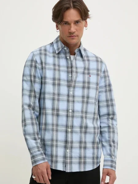 Риза Tommy Jeans мъжка със стандартна кройка с класическа яка синьо