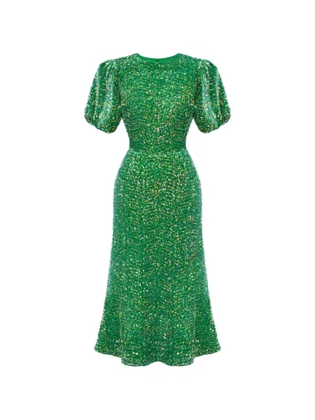 Rochie midi Post Meridiem cu paiete până la genunchi de costum verde