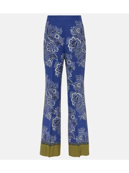Pantaloni Etro cu talie înaltă de mătase cu model paisley albastru