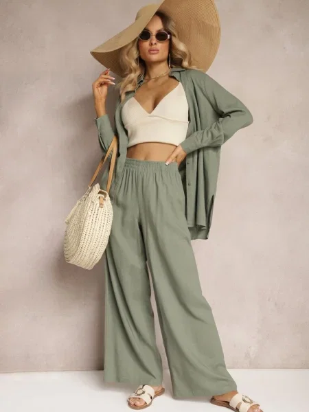 Set Pantaloni Largi cu în Talie Cămașă cu Tinamars verde