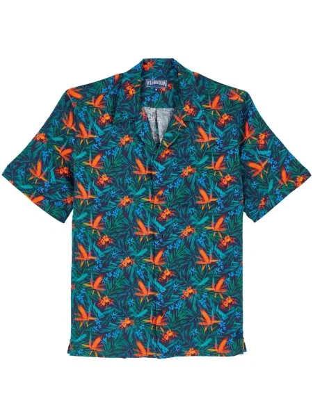 Ленена риза Vilebrequin на цветя с принт синьо