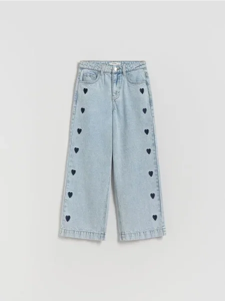 Reserved Jeansy wide leg z haftem niebieski