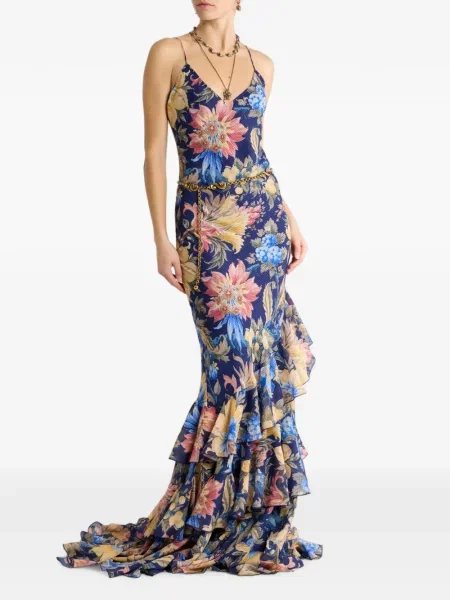 Lung rochie Etro cu model floral cu volane albastru